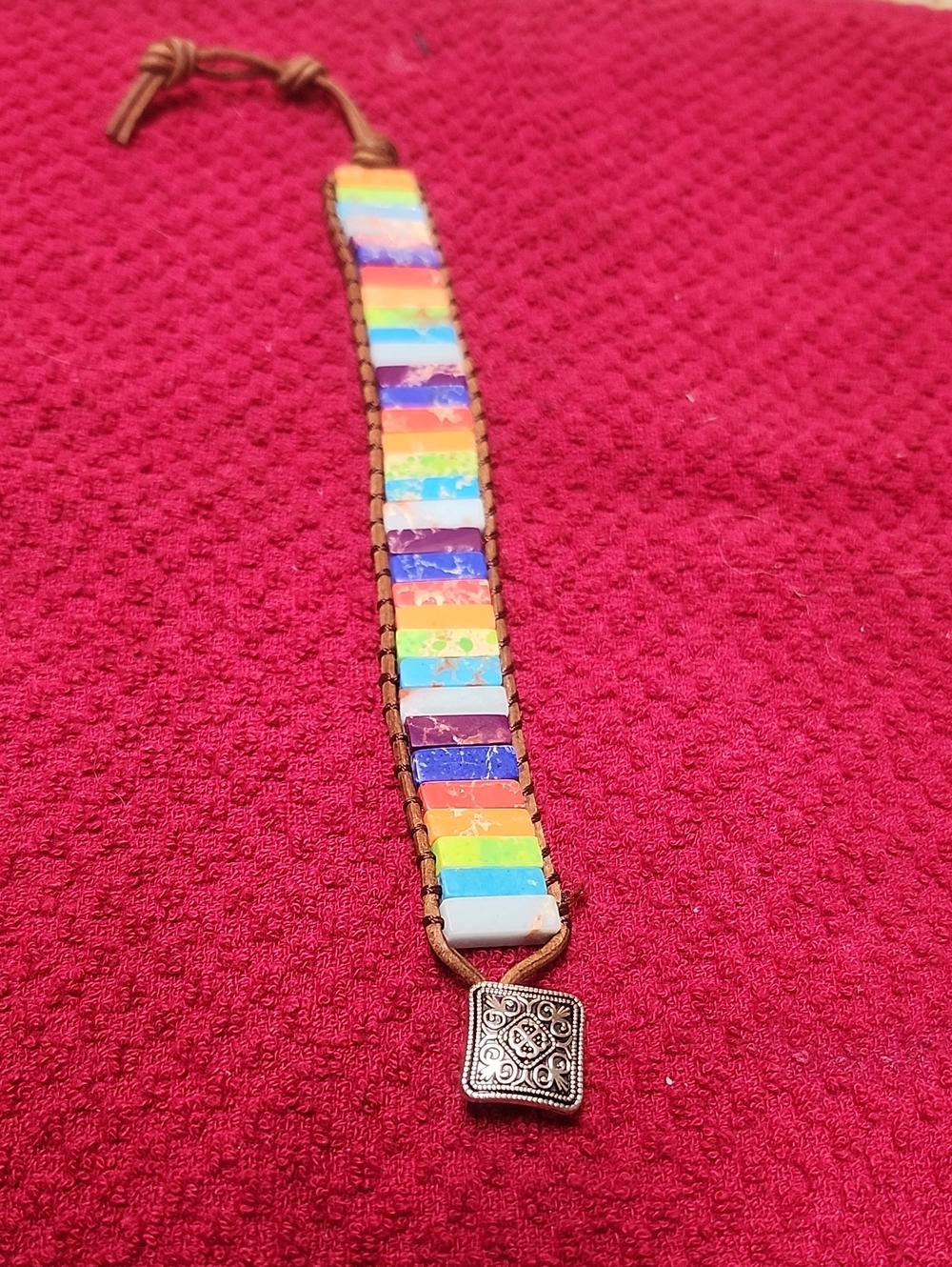 Colorful Rainbow Tiled Bracelet with Decorative Metal Charm